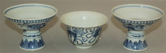 A pair of Chinese blue and white stem bowls, and a further bowl, late 19th / early 20th century, 9.5cm